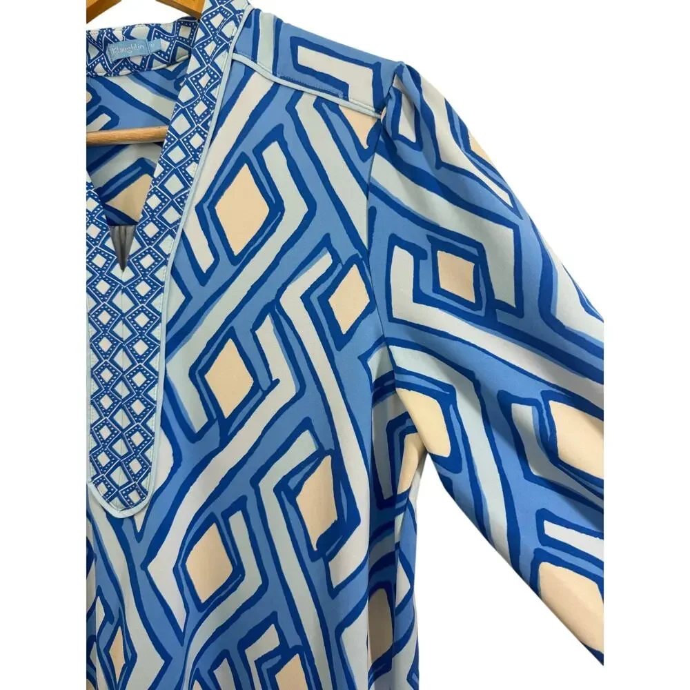 J McLaughlin Emer Dress M Blue Geo Print V-Neck 3/4 Sleeve Midi Casual Resort - Picture 8 of 9